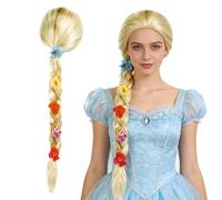 PLLYPE Perruque de princesse tresse, 85 cm, pour enfants avec fleur, blond de Raiponce pour enfants, filles, costume de conte de fées, carnaval, fête à thème, fête d'anniversaire d'enfant (dorée)
