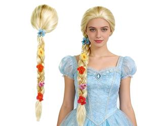 PLLYPE Perruque de princesse tresse, 85 cm, pour enfants avec fleur, blond de Raiponce pour enfants, filles, costume de conte de fées, carnaval, fête à thème, fête d'anniversaire d'enfant (dorée)