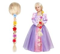 PLLYPE Perruque Raiponce Enfant, 85CM Princesse Raiponce Tresse avec Des Fleurs, Perruque De Princesse Pour Filles et Enfants, Princesse Perruque Enfant Fille pour Carnaval, Mascarade, Jeux de Rôle