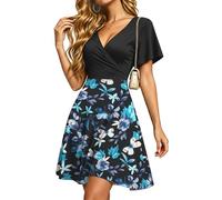PLMOKEN Robes dete pour Femmes Robes de Plage Sexy à Manches volantées Encolure en V et Taille Empire avec Poches Papillon Bleu L