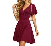 PLMOKEN Robes dete pour Femmes Robes de Plage Sexy à Manches volantées Encolure en V et Taille Empire avec Poches Rouge vin L