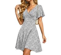 PLMOKEN Robes dete pour Femmes Robes de Plage Sexy à Manches volantées Encolure en V et Taille Empire avec Poches Feuilles Noir Blanc 2XL