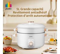 Plodon 1200W 5L Marmite électrique multifonction avec cuiseur vapeur, cuve de cuisson antiadhésive, mijoteuse, pour sauté, ragoût, cuisson vapeur, ébullition rapide, réglage de la température à deux n