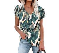 PLOKNRD Hauts pour Femmes Hauts d'été à Manches Courtes col en V pour Dames Top à Manches Pétales Empreinte des Feuilles L