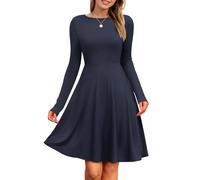 PLOKNRD Robe Femme Manches Longues Taille Empire Côtelé Col Rond, Bleu, M