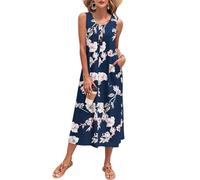 PLOKNRD Robe Longue Femme Été - Robe sans Manches Maxi Plage à Boutons avec Poches - Robe Décontractée Tank Top pour Vacances Fleurs de Saphir S