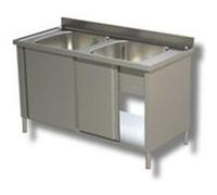 Plonge 2 Bacs sur Meuble avec Porte Coulissante - Gamme 700 - - - Inox AISI430 1300x700x850mm