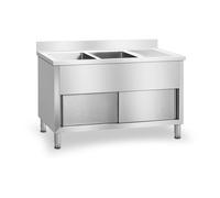 Royal Catering Plonge Professionnelle Armoire sous Evier Inox RCHS-1400WS (64x140x95,5cm, 2 bacs et 2 portes coulissantesn, bordure 10 cm, pieds réglables en hauteur, inox)