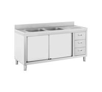 Royal Catering RC-IKS04 Plonge En Inox Professionnelle Sur Meuble Bas Armoire Placard Avec Évier Acier Inoxydable (2 bacs : 400 x 400 x 300 mm, Hauteur du dosseret : 100 mm, Pieds Réglables)