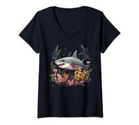 Plongée en apnée Corail Mer Océan Poissons Plongée Requin Blanc T-Shirt avec Col en V