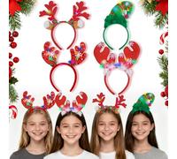 PlsMupn Serre Tête Noël Lumineux, 4 Pièces Serre Tête Noël Adulte Enfant, Modelage de Rennes et de Sapins de Noel, 3 Modes d'Éclairage, pour l'Avent et les Photos