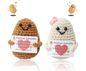 Plstod 2 Pcs Patate Positive, Mini Positive Potato, Poupées de Pommes de Terre Tricotées, Poupée de Pommes de Terre Amusante avec Cartes de Message Encourageantes, Cadeau Rigolo pour Anniversaire Fête