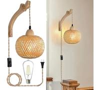 Plug dans Application Bambou décor, d'applique Mural Ferme, Lampe en Osier avec Cordon Bouchon, Appliques Boho tissées Main Lumière Murale pour Le Salon de la Chambre à Coucher