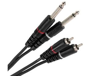 Plugger, câble épanoui équipé de part et d'autre de 2x Jack mâle mono 6.35mm vers 2x Cinch (RCA) mâle. Permet de brancher tous types d’appareils audio stéréo sur 2 canaux mono. Longueur : 60cm. Noir