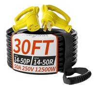 PlugSaf 30 FT 50 Amp RV/EV Extension Cord Outdoor with Grip Handle, 4 Prong Flexible Heavy Duty 6/3+8/1 Gauge STW RV Power Cord Waterproof with Cord Organizer, NEMA 14-50P to 14-50R, Black-Yellow, ETL