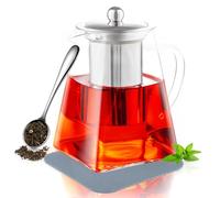 PluieSoleil Théière en verre borosilicate résistant à la chaleur de 750 ml avec passoire, théière en verre de forme carrée, théière en verre faite à la main avec infuseur, dessous de verre et cuillère