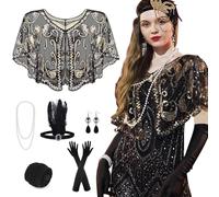 PLULON 10 Pièces Années 1920 Flapper Great Gatsby Ensemble d'Accessoires Mode à Thème avec Bandeau Long Gants Noirs Collier Boucles d'Oreilles pour Femme (Black Gold)