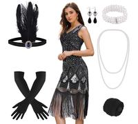 PLULON 1920s Sequin Beaded Fringed Flapper Dress with 20s Accessories Set (Black and Sliver