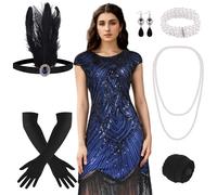 PLULON 1920s Sequin Beaded Fringed Flapper Dress with 20s Accessories Set (Bleu)