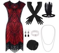 PLULON 1920s Sequin Beaded Fringed Flapper Dress with 20s Accessories Set (Rouge