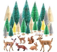 PLULON 30Pcs Mini Arbres Noël Ensemble Figurines Animaux forêt, Arbres Brosse à Bouteille Arbres Neige en sisal Arbres Diorama et Figurines d'animaux des Bois gâteau pour Les décorations Village Noël