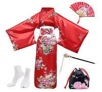 PLULON 5 Pcs Robe Japonaise Geisha Yukata Robe Blossom Satin Peignoir avec Sac à Cordon Main Ventilateur Épingle à Cheveux Tabi Chaussettes Ensemble pour Femme