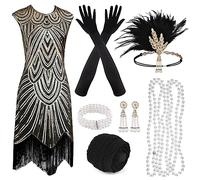 PLULON Années 1920 Sequin Perlé Frange Flapper Gatsby Robe avec 20s Accessoires Set Roaring 20s Costumes Bandeau Collier Gants pour Femme