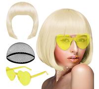 PLULON Bob Blonde Perruque et Lunettes de Soleil, Neon Short Bob Perruque Lunettes de Soleil Pack Costume Coloré Perruque Cosplay Postiches pour Bachelorette Neon Party Favors, Décorations d'Halloween