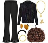 PLULON Hommes 70s Disco Costume Mec Chemise à Paillettes Cloche Bas Pantalon Ensemble avec Perruque Lunettes de Soleil Moustache Dollar Signe Chaîne Anneau Disco Accessoires
