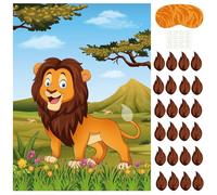 PLULON Jeu de fête « Pin The Tail on The Lion » pour enfants, poster avec autocollants de queue pour cadeaux de fête de lion, accessoires de fête d'anniversaire de garçon, décorations de fête