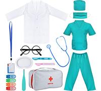 PLULON Kit déguisement médecin enfants Manteau docteur Bleu Pantalon plateau stéthoscope réaliste Scalpels Sac transport Accessoires Pretend Play Set garçons filles Dress Déguisements fête Halloween