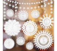 PLULON Lot de 12 décorations de Noël en Papier Blanc avec Flocons Neige décorations fête au Pays des Merveilles d'hiver décorations bannière Suspendre en Forme Flocon Neige Anniversaire Noël Vacances