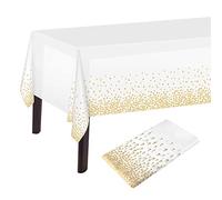 PLULON Nappe à Pois Blancs et dorés Nappe de Table Blanche et dorée 137 x 274 cm Nappe rectangulaire en Plastique pour décorations de Table d'anniversaire Blanches et dorées