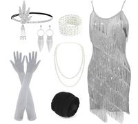 PLULON Robe années 1920 Gatsby à sequins à franges vintage pour femme Robe de soirée cocktail avec accessoires années 20 Costume pour soirée bal