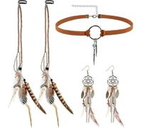 Plume cheveux Boho bijou fantaisie femme - Set 4 pièces avec barrettes à plumes, collier ras du cou en cuir, boucles d’oreilles longues - Marron - Taille réglable