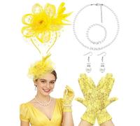 Plume Set de postiches avec filet floral Jaune | Coiffe délicate voile en maille, boucles d'oreilles, motif floral plume, mariage, goûter