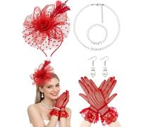 Plume Set de postiches avec filet floral Rouge | Coiffe délicate voile en maille, boucles d'oreilles, motif floral plume, mariage, goûter