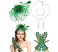 Plume Set de postiches avec filet floral Vert | Coiffe délicate voile en maille, boucles d'oreilles, motif floral plume, mariage, goûter