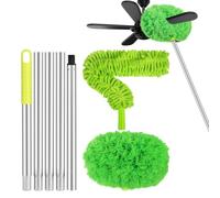 Plumeau de Plafond à Manche Long en Aluminium Vert | Tête Souple Orientable, Manche Télescopique Démontable, pour Meubles et Ventilateur de Plafond