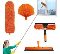 Plumeau télescopique 6 m, kit dépoussiérant avec tige télescopique réglable et extensible de 1,5 à 4,9 m, brosse en toile d'araignée/tête en microfibre/raclette de fenêtre/brosse en verre, pour