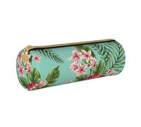 Plumeria et fleurs d'hibiscus imprimé feuille de palmier de la jungle exotique, Trousse à crayons Étui à stylo cylindrique Sac à crayons en cuir portable avec sac à cosmétiques à fermeture éclair