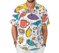 Plumes colorées dessinées à la main sur blanc pour hommes, chemises décontractées à manches courtes boutonnées, chemises hawaïennes, plage, hauts d'été, noir, 6XL
