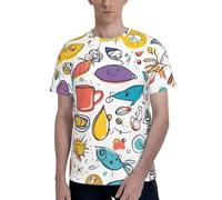 Plumes colorées dessinées à la main sur imprimé blanc hommes manches courtes col rond t-shirt élégant décontracté été diverses occasions porter, Noir , XL