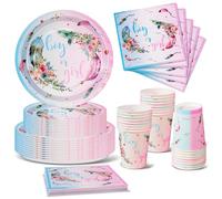 Plumes Colorées Gender Reveal Vaisselle, 96Pcs Baby Shower Assiette Kit Bébé Girl Or Boy Party Decoration, Fête Assiettes Carton Gobelet Serviettes en Papier, Fête de Révélation de Genre- 24 invités