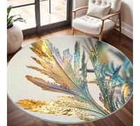Plumes de Paon HD Luxueuses Tapis Rond 180 cm Intérieur & Extérieur Doux Antidérapant Lavable en Machine, Or Tapis Décoratif de Style Moderne pour Salon Chambre Salle à Manger