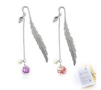 Plumes Marque, 2 Pièces Marque Page Metal Marque Page Plumes avec Perles de Verre Pendentif Fleur Sèche éternelle pour Lecteur, étudiant, Femme et Enfants