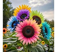 plus de 1000 tournesols hybrides, violet, bleu, rose et orange dans des couleurs contrastées, dont les pétales se déploient comme des flammes.