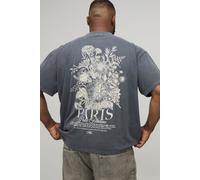 Plus Oversized Extended Neck Washed Paris Floral Print T-Shirt homme - gris - 2XL, gris