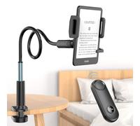PlusAcc Support Kindle avec tourne-page à distance - Support réglable pour lire au lit, mains libres, bras de chevet, clicker pour accessoires Kindle, smartphones