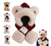 Plush Bear Ear Hooded Scarf,2 in 1 Hooded Scarf for Women Winter,Warm Fuzzy Cute Bear Ear Beanie Cap,Aux Fur Hat Set (White)